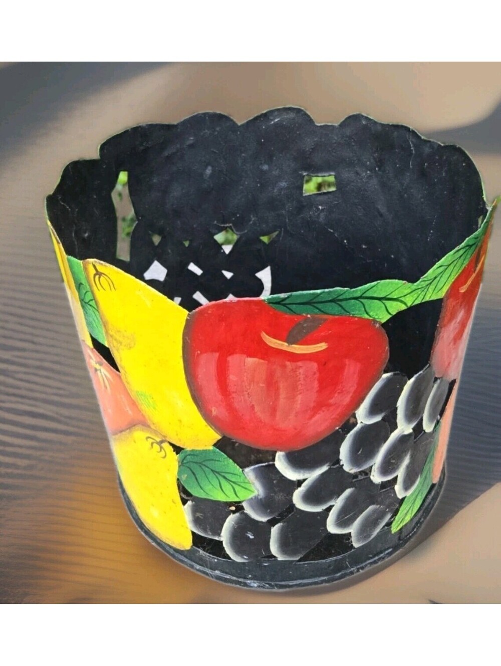 Vintage Metal Tin Fruit Bowl Painted CANISTER Basket Planter Trash Can 10x8.5"